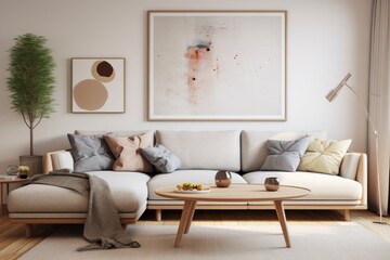 A cozy living room interior design in a Scandinavian classic style is depicted, featuring a mockup poster frame and a structure painting. The focal point is a comfortable corner sofa accompanied by a