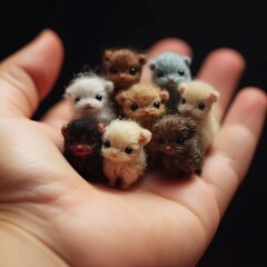 Lots of very tiny dogs sitting in a human hand, ai generated