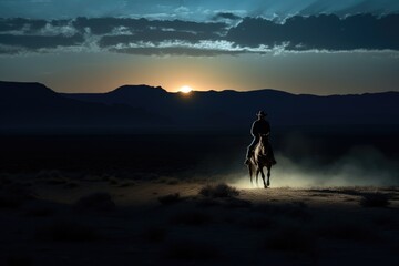 A cowboy on horseback riding into the night with a full moon .Generative AI