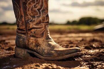 cowboy boots in a puddle with a rural scenery. Generative AI