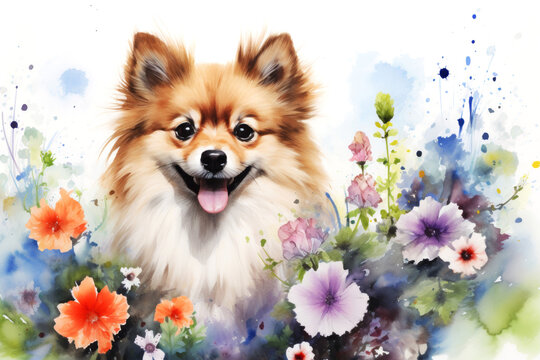 Watercolor dog delight cute puppy with flowers in vintage style. Drawing artwork concept
