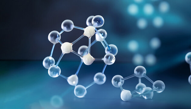 Horizontal banner with model of molecular structure & DNA. Background of glass atom model with blur.