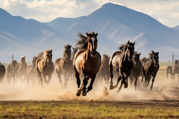 Horses running in a desert landscape with mountains and sky. Generative AI