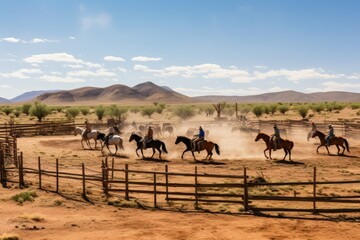 Fototapeta na wymiar Cowboys on horseback in a desert corral. Generative AI