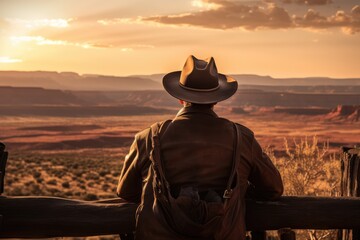 cowboy hat overlooking a canyon at sunset. Generative AI