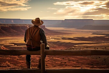 cowboy hat overlooking a canyon at sunset. Generative AI