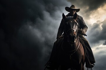 Fototapeta premium a cowboy on a dark horse, with a stormy sky behind him. The sun breaks through the clouds, creating a contrast between light and dark. Generative AI