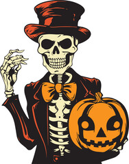 Skeleton holding a pumpkin halloween, Happy Halloween Vector Illustration, SVG