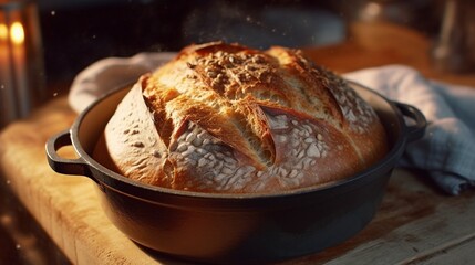Fresh bread, crispy crust, homemade, clay pot, fragrant, ai generated
