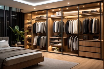 The interior design of a luxurious show home bedroom showcases a walkin wooden wardrobe closet, adorned with tasteful furnishings.