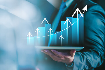 global business growth analysis and asset investment chart Business and Finance Up arrow Holographic economic chart, asset investment business and finance global economic trend analysis, financial..
