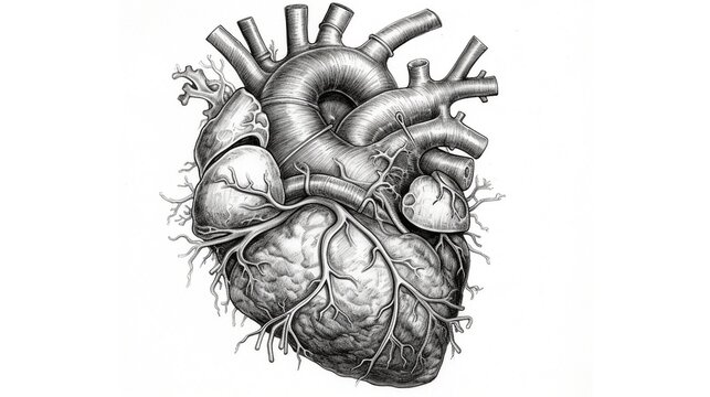 Pencil drawing, human heart, black and white, medical textbook, ai generated
