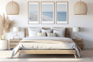 A render of a coastal style bedroom interior background with rattan furniture and blank frames.