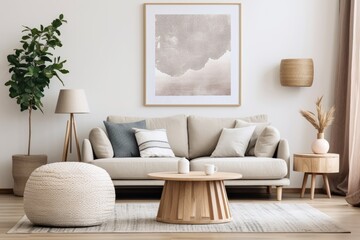 Living room interior featuring a mockup poster frame, a beige sofa, a round wooden coffee table, a rug, a pouf, a vase with rowan, a rounded shapes armchair, a braided plaid, and various personal