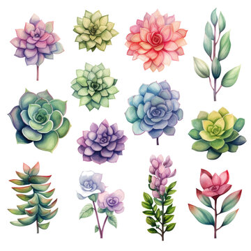 collection of watercolor succulent, isolated on white or transparent background, png