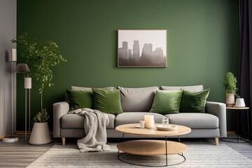 The living room interior has a stylish composition with a green wall, a gray sofa, a coffee table, a dark lamp, and elegant personal accessories. There is also a beige pillow and a plaid to add a cozy