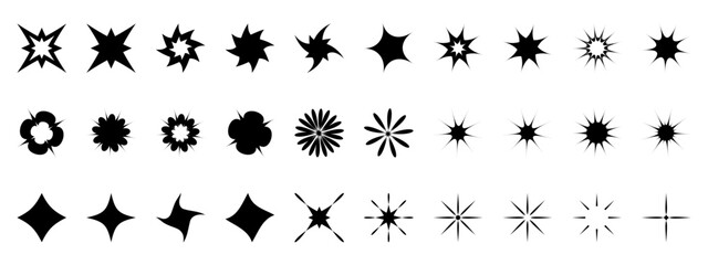 Set of different blinking symbols. Glitter icons made from stars. Symbols of flower and sun. Linear flare rays