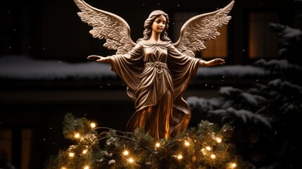 Christmas tree topper Christmas angel decoration element. sits atop the Christmas tree, illuminated by surrounding lights