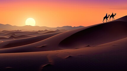 An Arab man, bedouin, or silhouette at sunset with camels in the desert. (Generative AI)
