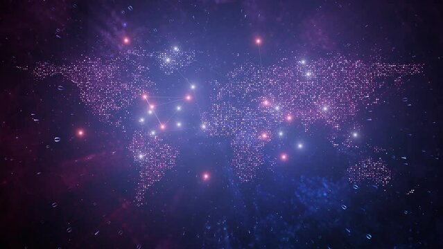 Two-dimensional digital world map with binary data and lines connected with blue red lights.