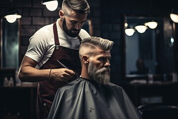 A barber trimming a customer's hair.