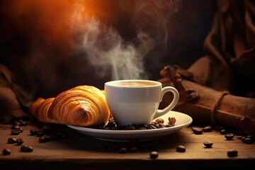 A cup of steaming hot coffee with a plate of freshly baked croissants. - obrazy, fototapety, plakaty