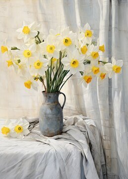 A vase of yellow daffodils against a piece of white cloth.