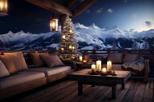 beleuchteter Christbaum auf Balkon im Skiurlaub mit verschneiter Landschaft im Hintergrund erstellt mit generativer KI
