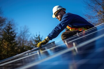 Construction worker installing solar panels on a roof. 