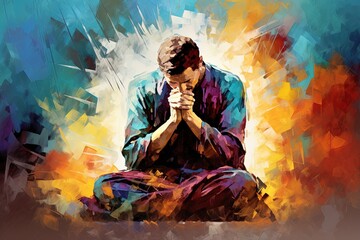 Colorful painting art of a man praying and worshiping.