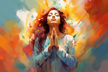 Colorful painting art of a woman praying and worshiping. - obrazy, fototapety, plakaty