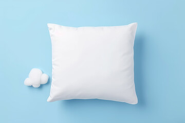 Fototapeta na wymiar Flat lay mockup of white square cushion on Cute Cloud background.