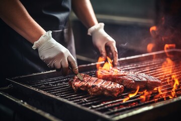 The man is turning meat on the hot grill with his barbeque gloves.