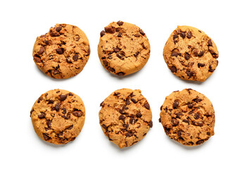 Tasty cookies with chocolate chips on white background