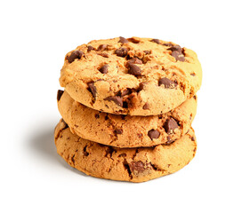 Stack of tasty cookies with chocolate chips on white background