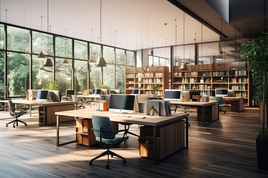 Coworking space office and sharing desk in corporate workspace.