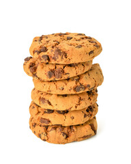 Tasty cookies with chocolate chips on white background
