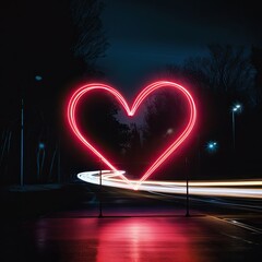 Neon Heart on the Road at Night. Generative AI