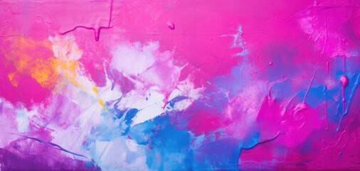 Urban graffiti background. Colorful street art graffiti background. Pink, magenta, blue, yellow colors. Abstract wall surface with colorful drips, flows, streaks of paint and paint sprays © vejaa