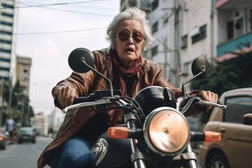 Fototapeta na wymiar Elderly woman with a fearful look faces the city traffic on her motorbike.