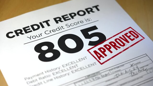 A closeup view of a credit score loan application getting approved. Data on form is fictional.  	 	