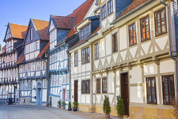 Colorful street with half timbered houses in Wolfenbuttel, Germany