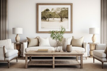 A rendering of a mockup frame in an interior of a farmhouse living room.