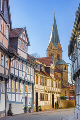 Fototapeta premium Half timbered houses and church tower in Wolfenbuttel, Germany