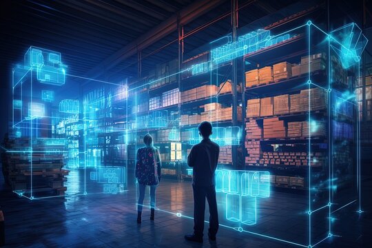 Futuristic Technology Retail Warehouse. Digitalization and Visualization of Industry Process that Analyzes Goods.