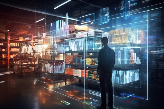Futuristic Technology Retail Warehouse. Digitalization and Visualization of Industry Process that Analyzes Goods.