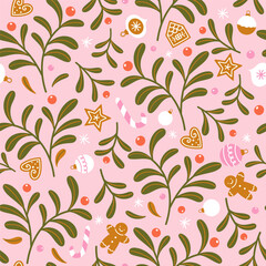 Materiał do szycia Seamless Christmas pattern with winter plants, gingerbread and Christmas decorations.