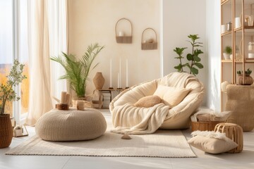 The meditation room has a boho and cozy interior design, featuring a beige chaise lounge, carpet, rattan pouf, pillows, side table, various decorations, books, and personal accessories. The warm home