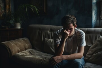 Fototapeta na wymiar Young man depressed sitting on sofa at home.