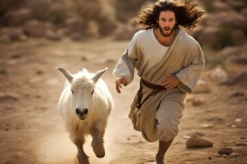 Jesus runs after lost lamb.